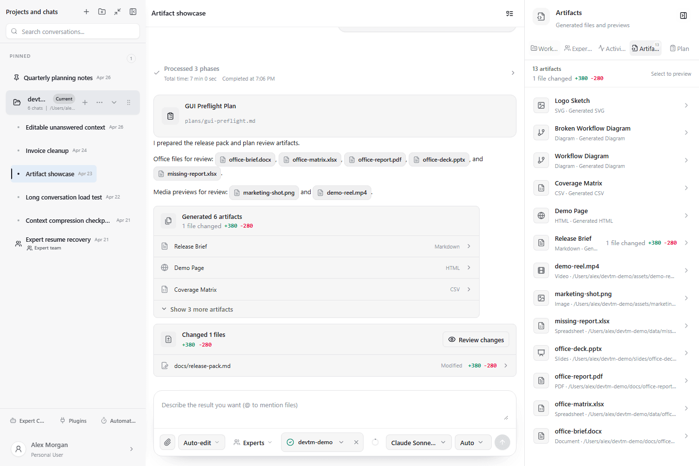 Documents, spreadsheets, presentations, and code produced by DevTm